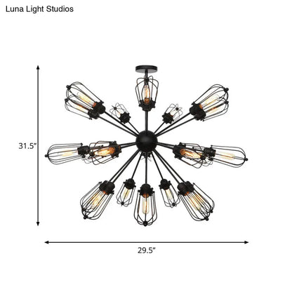 Warehouse Style Metal Bulb Cage Chandelier - Black Hanging Lamp with 9/12/15 Heads for Living Room Lighting