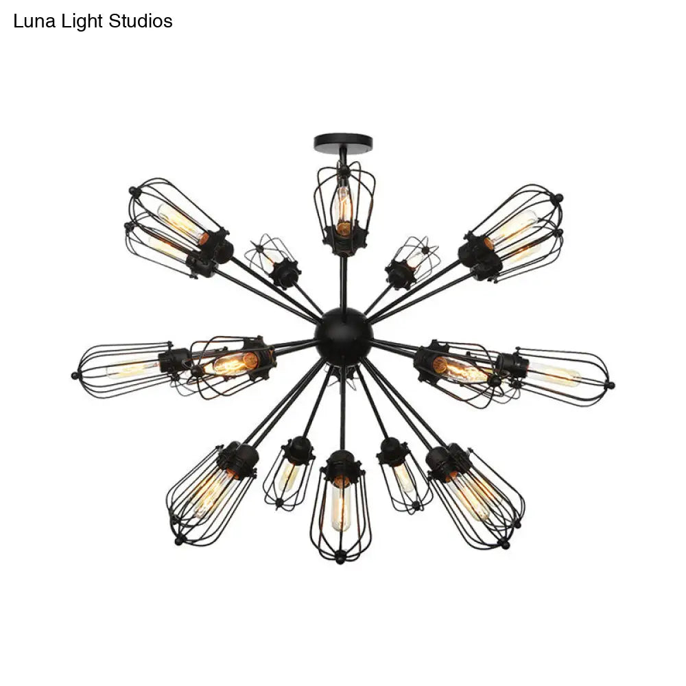 Warehouse Style Metal Bulb Cage Chandelier - Black Hanging Lamp with 9/12/15 Heads for Living Room Lighting