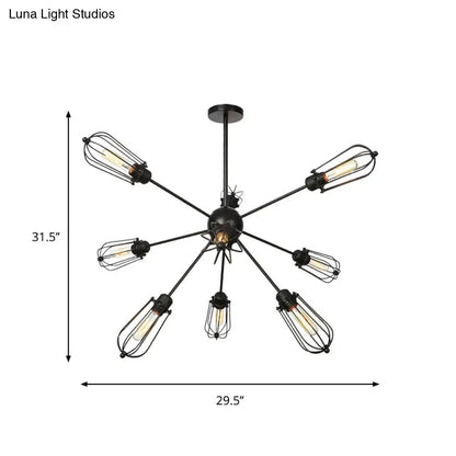 Warehouse Style Metal Bulb Cage Chandelier - Black Hanging Lamp with 9/12/15 Heads for Living Room Lighting
