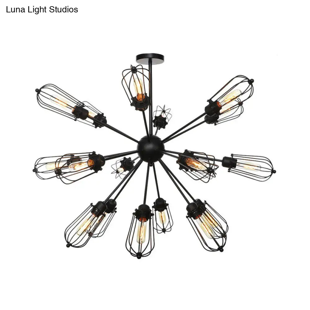 Warehouse Style Metal Bulb Cage Chandelier - Black Hanging Lamp with 9/12/15 Heads for Living Room Lighting