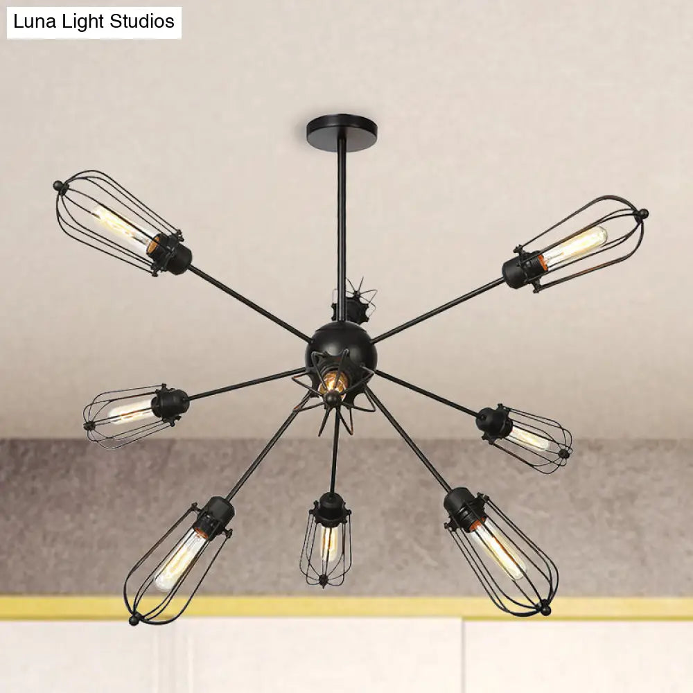 Warehouse Style Metal Bulb Cage Chandelier - Black Hanging Lamp with 9/12/15 Heads for Living Room Lighting