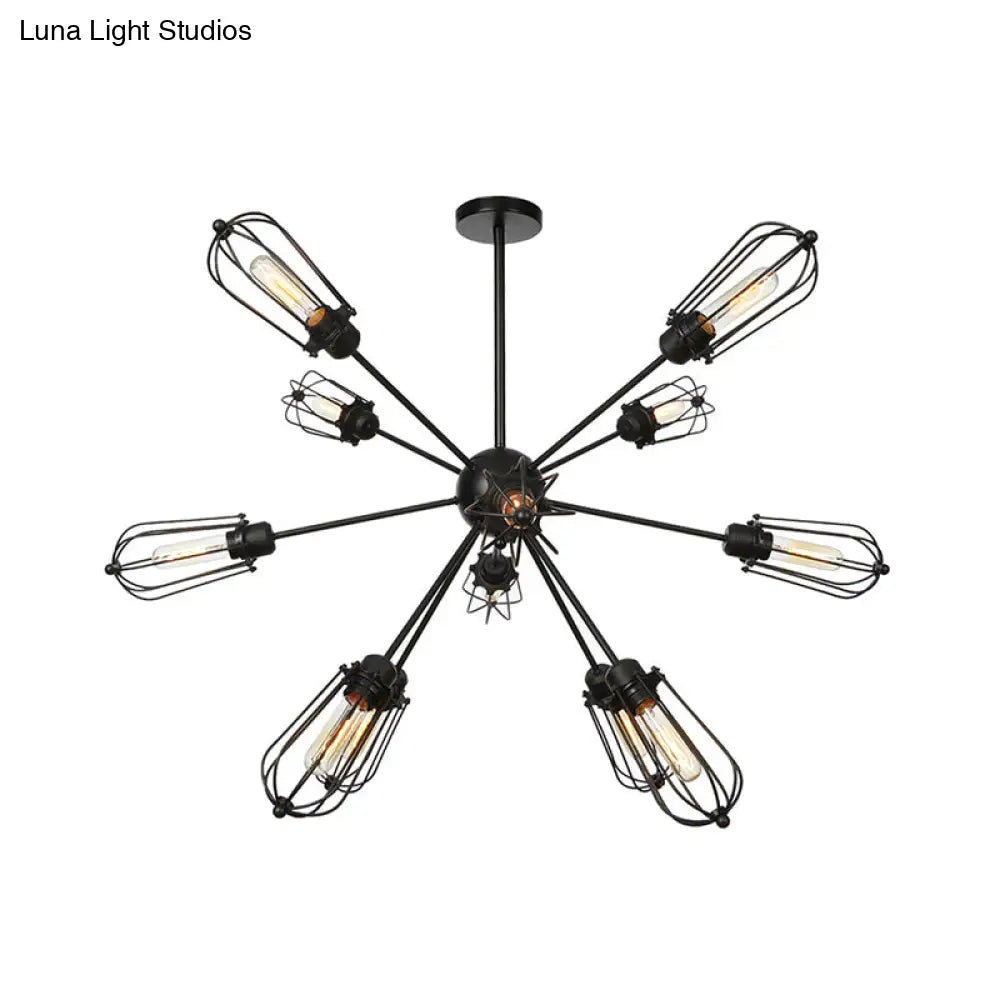 Warehouse Style Metal Bulb Cage Chandelier - Black Hanging Lamp with 9/12/15 Heads for Living Room Lighting