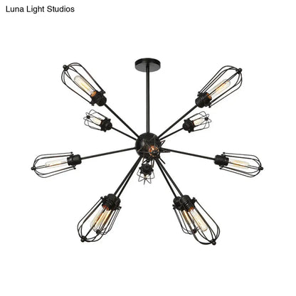 Warehouse Style Metal Bulb Cage Chandelier - Black Hanging Lamp with 9/12/15 Heads for Living Room Lighting