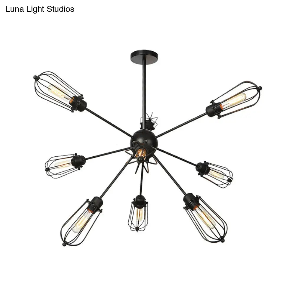 Warehouse Style Metal Bulb Cage Chandelier - Black Hanging Lamp with 9/12/15 Heads for Living Room Lighting