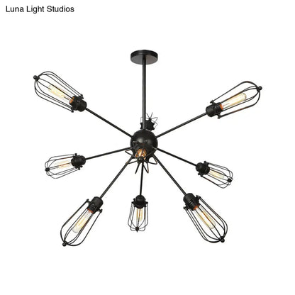 Warehouse Style Metal Bulb Cage Chandelier - Black Hanging Lamp with 9/12/15 Heads for Living Room Lighting