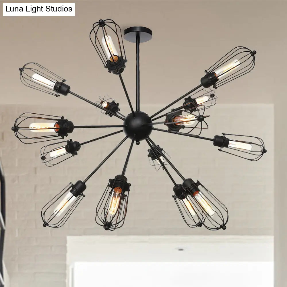 Warehouse Style Metal Bulb Cage Chandelier - Black Hanging Lamp with 9/12/15 Heads for Living Room Lighting