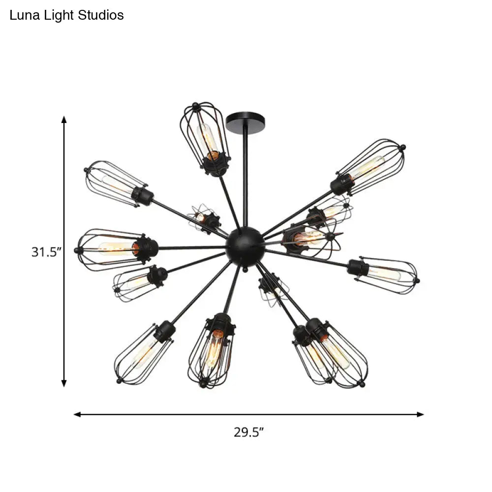 Warehouse Style Metal Bulb Cage Chandelier - Black Hanging Lamp with 9/12/15 Heads for Living Room Lighting