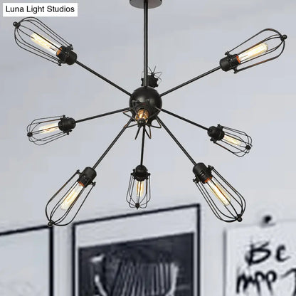 Warehouse Style Metal Bulb Cage Chandelier - Black Hanging Lamp with 9/12/15 Heads for Living Room Lighting