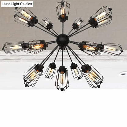 Warehouse Style Metal Bulb Cage Chandelier - Black Hanging Lamp with 9/12/15 Heads for Living Room Lighting