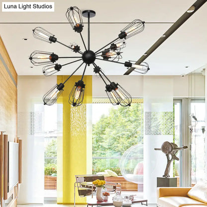 Warehouse Style Metal Bulb Cage Chandelier - Black Hanging Lamp with 9/12/15 Heads for Living Room Lighting