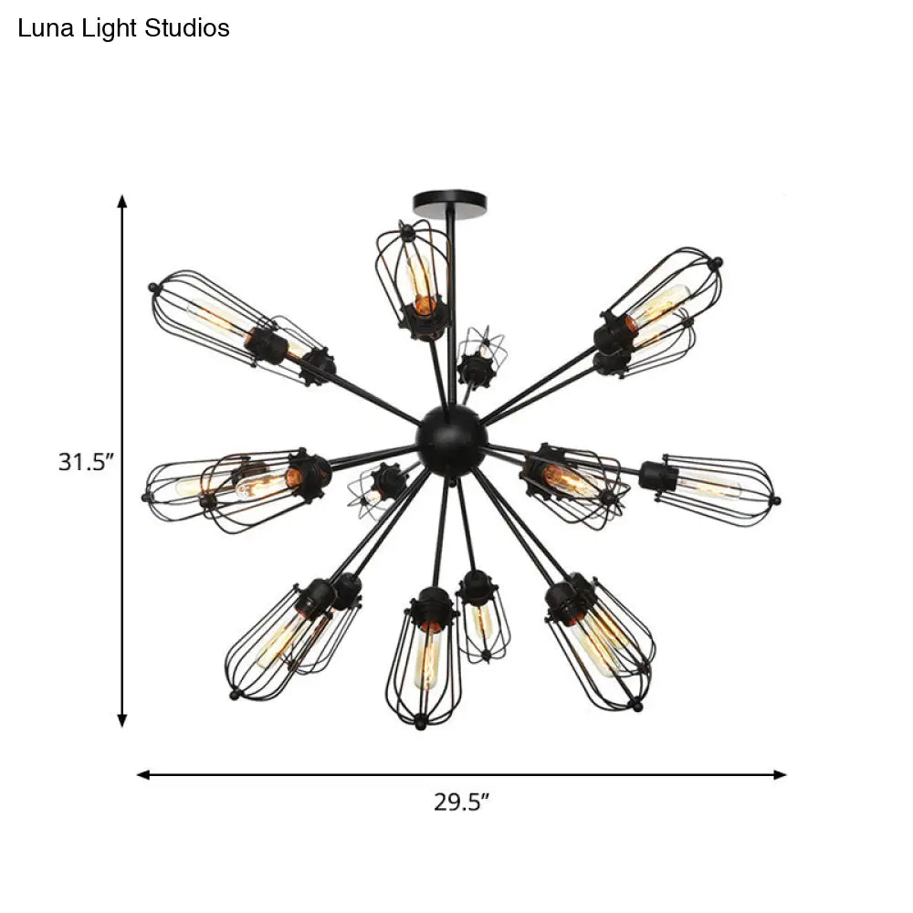 Warehouse Style Metal Bulb Cage Chandelier - Black Hanging Lamp with 9/12/15 Heads for Living Room Lighting