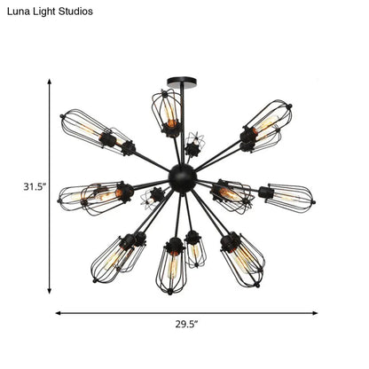 Warehouse Style Metal Bulb Cage Chandelier - Black Hanging Lamp with 9/12/15 Heads for Living Room Lighting