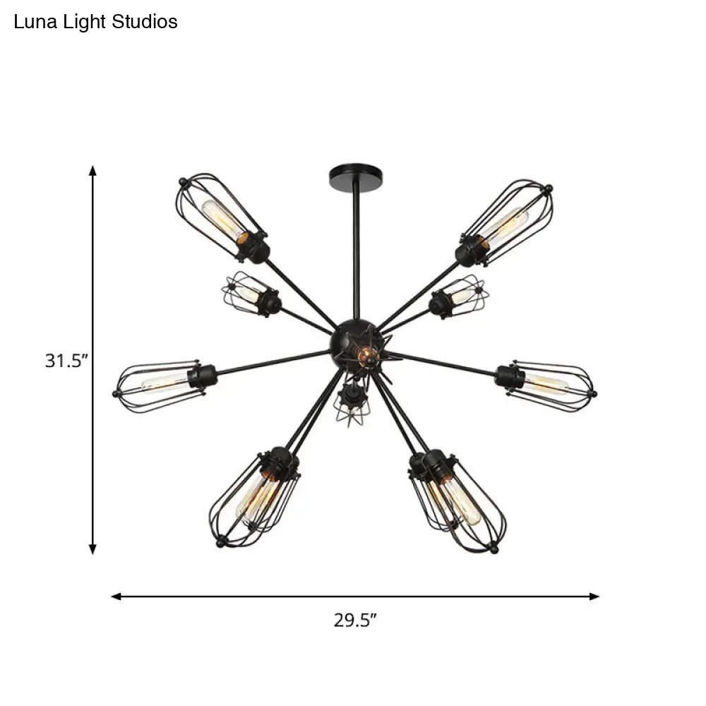 Warehouse Style Metal Bulb Cage Chandelier - Black Hanging Lamp with 9/12/15 Heads for Living Room Lighting