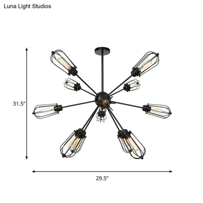 Warehouse Style Metal Bulb Cage Chandelier - Black Hanging Lamp with 9/12/15 Heads for Living Room Lighting
