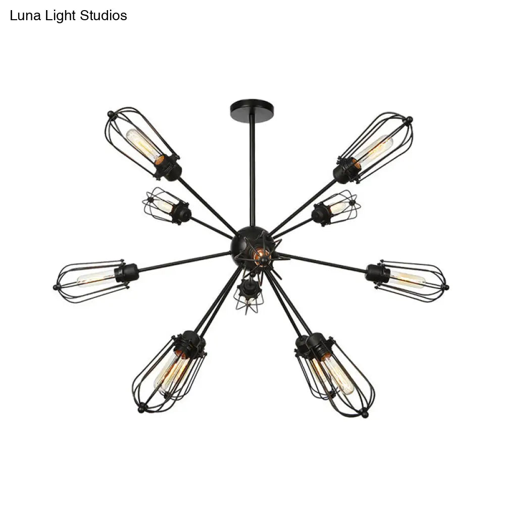 Warehouse Style Metal Bulb Cage Chandelier - Black Hanging Lamp with 9/12/15 Heads for Living Room Lighting