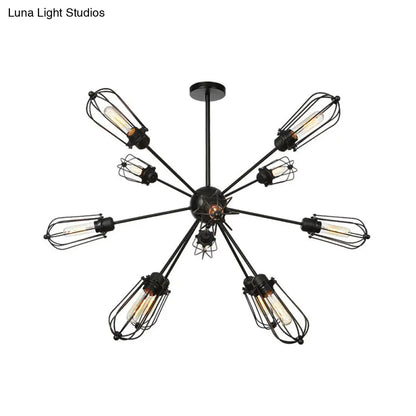 Warehouse Style Metal Bulb Cage Chandelier - Black Hanging Lamp with 9/12/15 Heads for Living Room Lighting