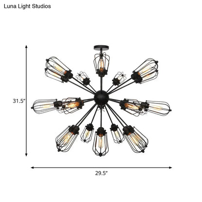 Warehouse Style Metal Bulb Cage Chandelier - Black Hanging Lamp with 9/12/15 Heads for Living Room Lighting