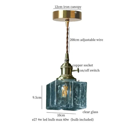 Warm brass cracked glass led pendant light with brass canopy and copper socket suspended by adjustable wire for kitchen decorbites cracked glass