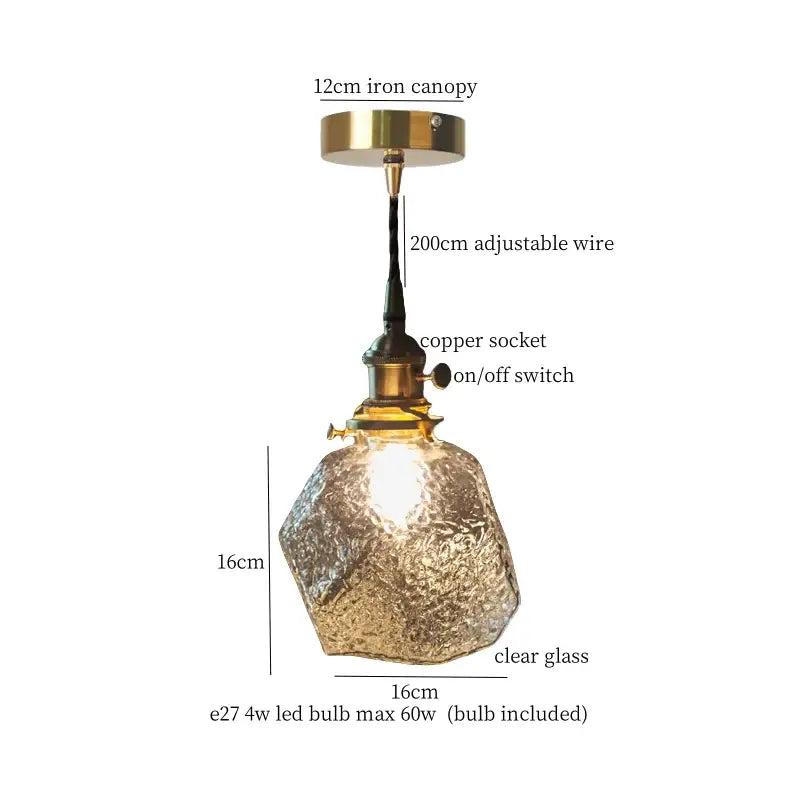 Warm brass cracked glass led pendant light with textured clear glass shade brass canopy and copper socket for kitchen decorbites cracked glass