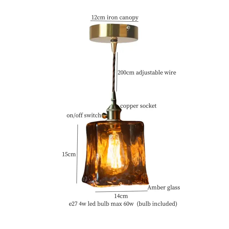 Amber glass pendant light with brass canopy and copper socket for kitchen dining room decorbites cracked glass led fixture