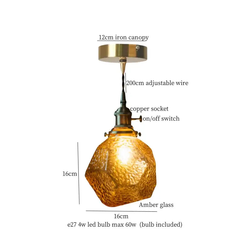 Warm brass cracked glass led pendant light with amber textured faceted surface and brass-toned hardware for kitchen decorbites cracked glass