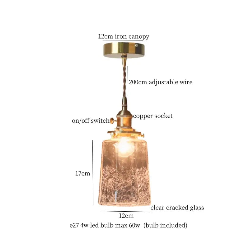 Vintage-style warm brass cracked glass led pendant light with clear cracked glass shade and copper socket for kitchen decorbites