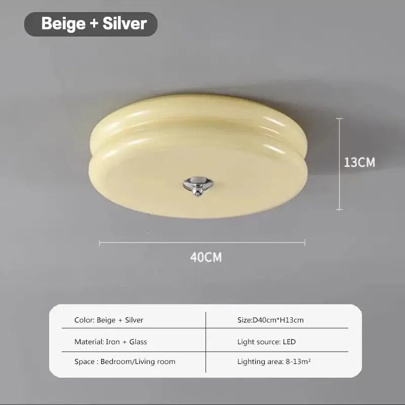 Beige and silver warm chrome ceiling light with double layer glass led diffuser and iron frame for bedroom use