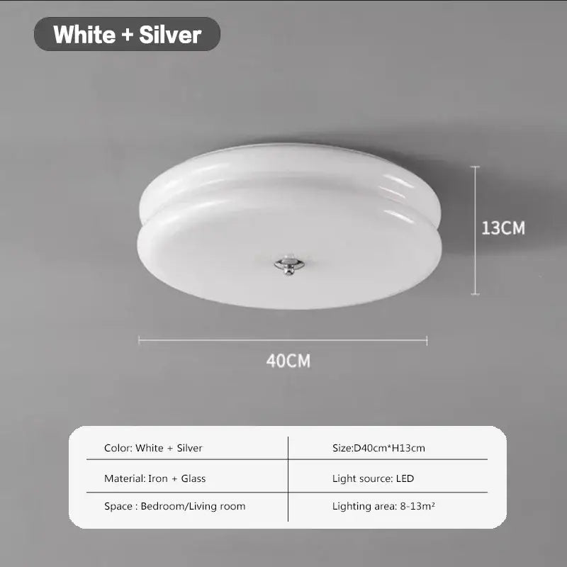 Warm chrome double layer glass led ceiling light with white and silver iron frame and glass diffuser for bedrooms
