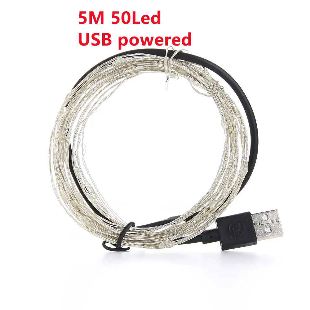 Warm gold copper wire fairy lights with 50 leds on a 5 meter black cable usb powered decorbites copper wire design