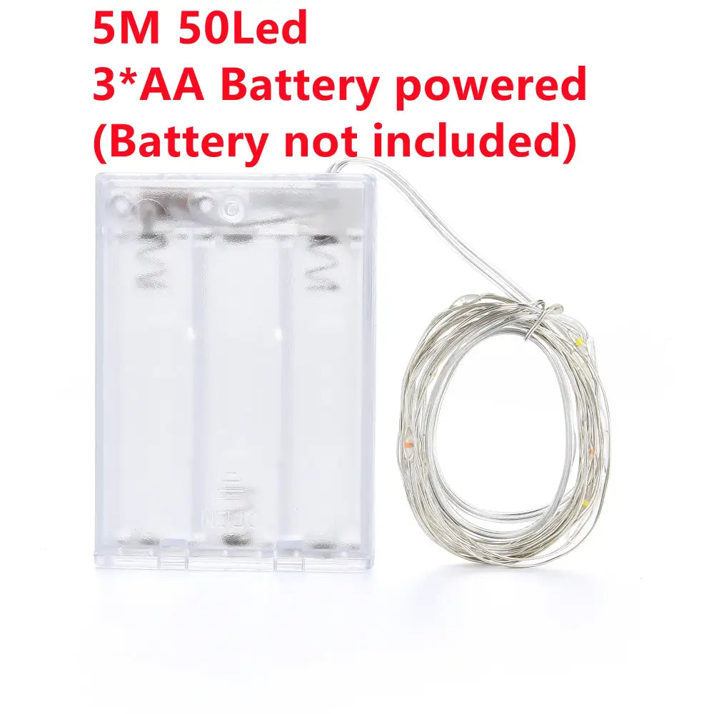 Clear plastic battery pack with three aa slots and 50 warm gold decorbites copper wire fairy lights for outdoor garden decor