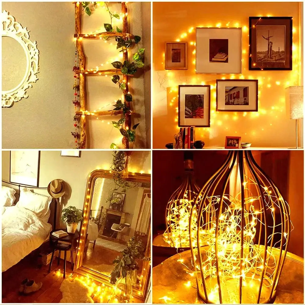 Warm gold copper wire fairy lights in decorative wire cages draped over rustic ladders for outdoor garden decorbites copper wire decor