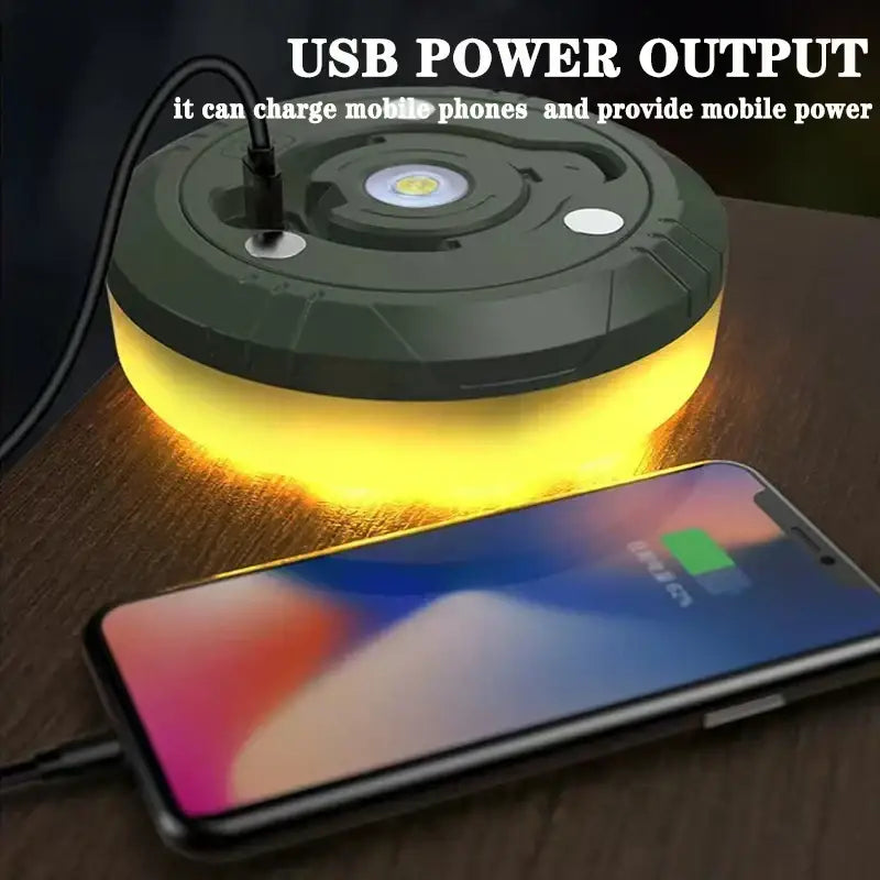 Dark green circular portable power station with glowing yellow base and usb port for decorbites 10m waterproof led light strip use