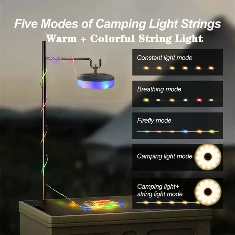 A sleek round led camping light with warm and colorful modes complements decorbites 10m waterproof led strip lighting