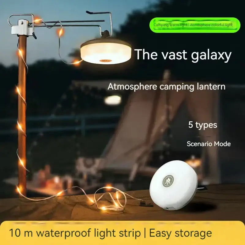 White circular camping lantern with soft ambient lighting paired with decorbites 10m waterproof led light strip for outdoor use