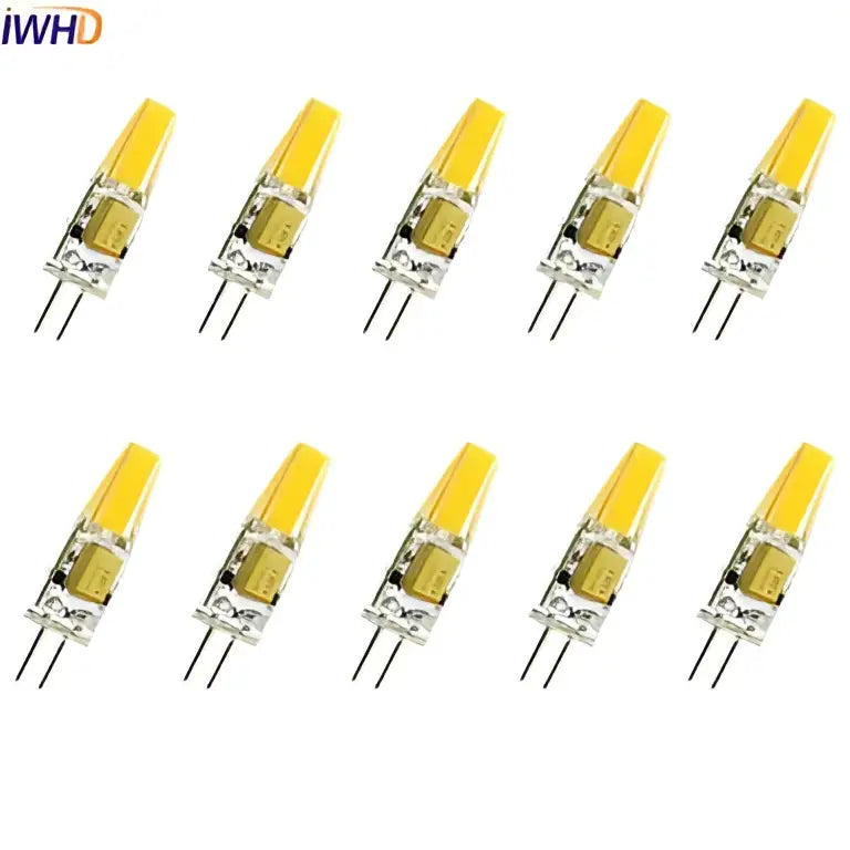Warm white cob g4 led bulb 10-pack featuring yellow led bulbs with clear glass casing and metallic base for chandelier use