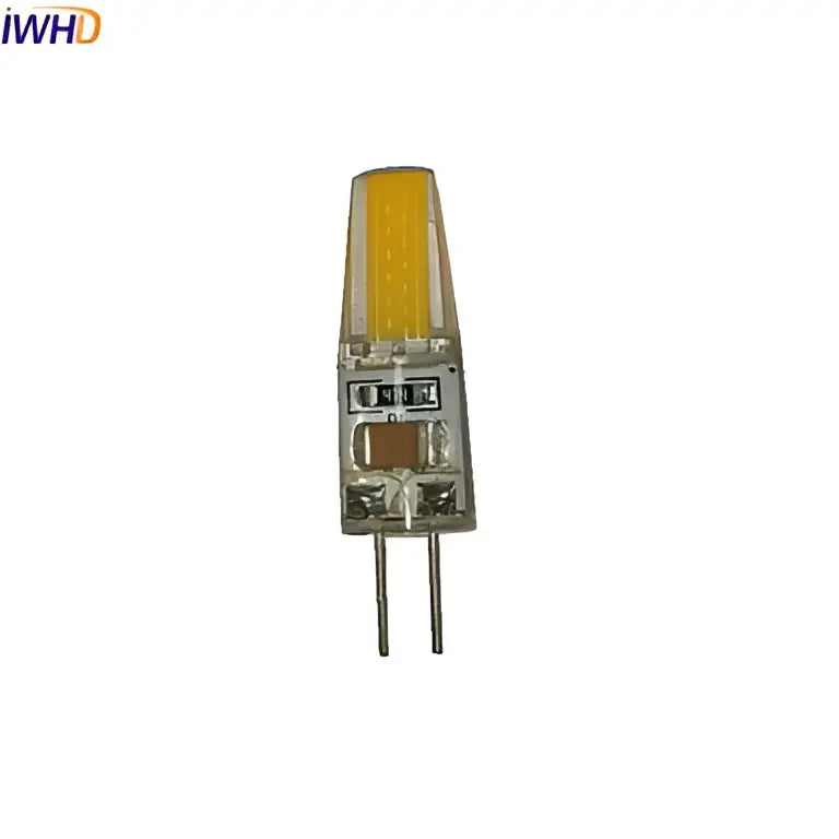 Yellow led bulb with clear glass casing and two metal pins in warm white cob g4 led bulb 10-pack for chandelier use
