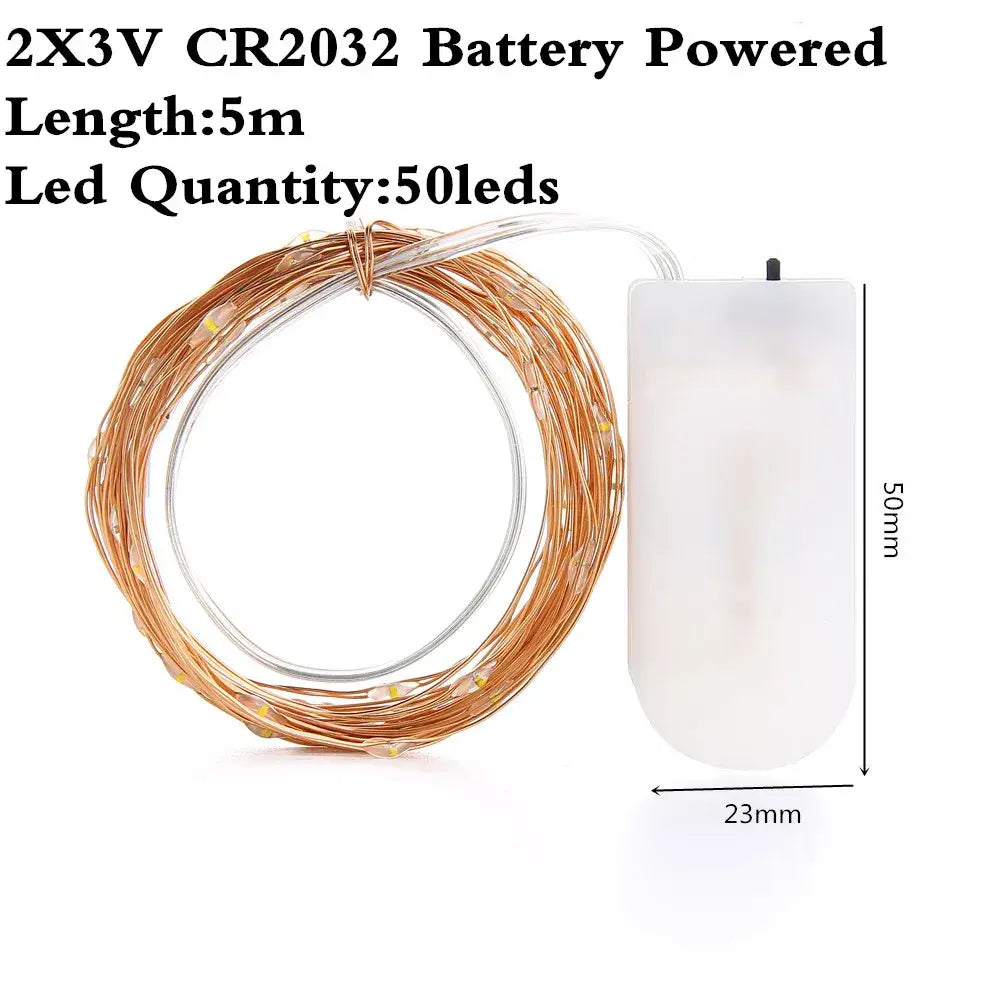 Warm white 5 meter copper wire led string lights with 50 lights and white battery pack for bedroom decoration