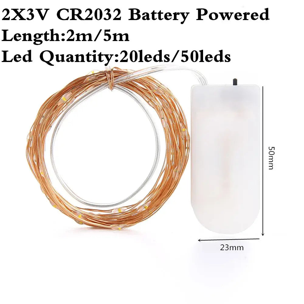 Battery-powered warm white led string lights with copper wire and white rectangular battery pack for bedroom decoration