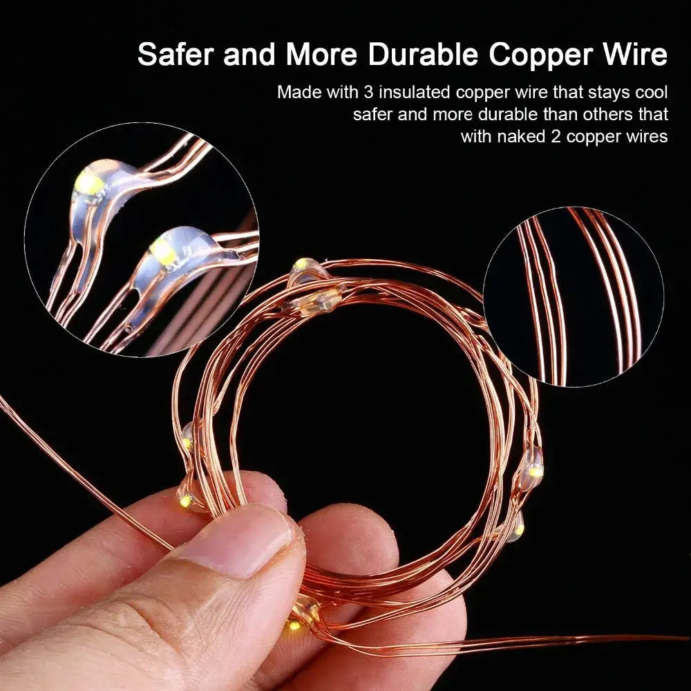 A coiled warm white led string lights with insulated copper wire designed for safe and durable bedroom decoration