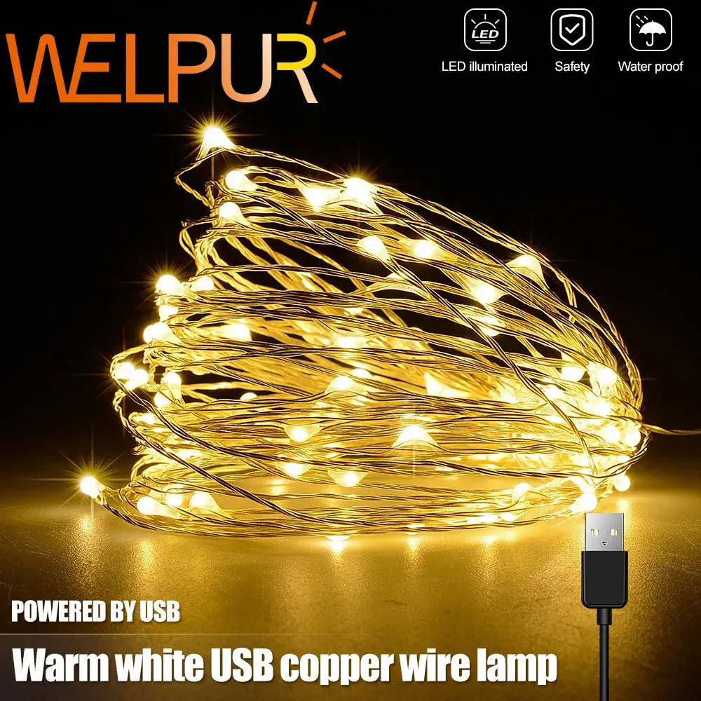 Warm white copper wire led string lights powered by usb perfect for bedroom decoration and ambient lighting