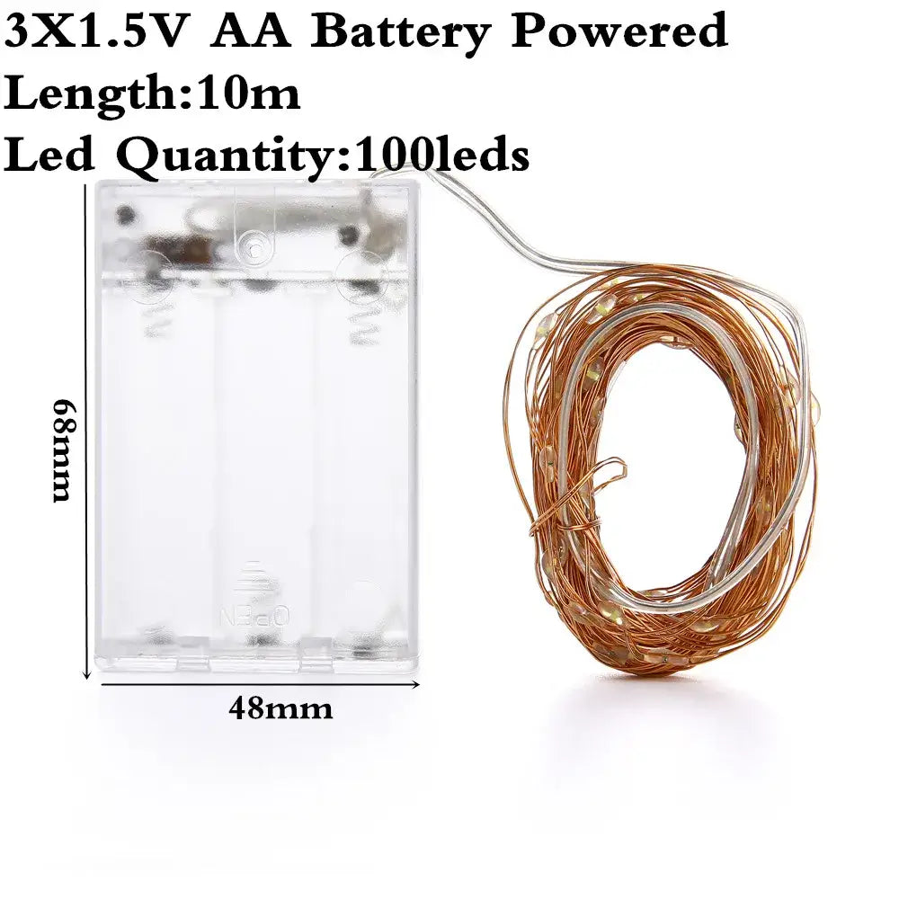 Clear plastic battery pack with three aa batteries and coiled warm white copper wire led string lights for bedroom decoration