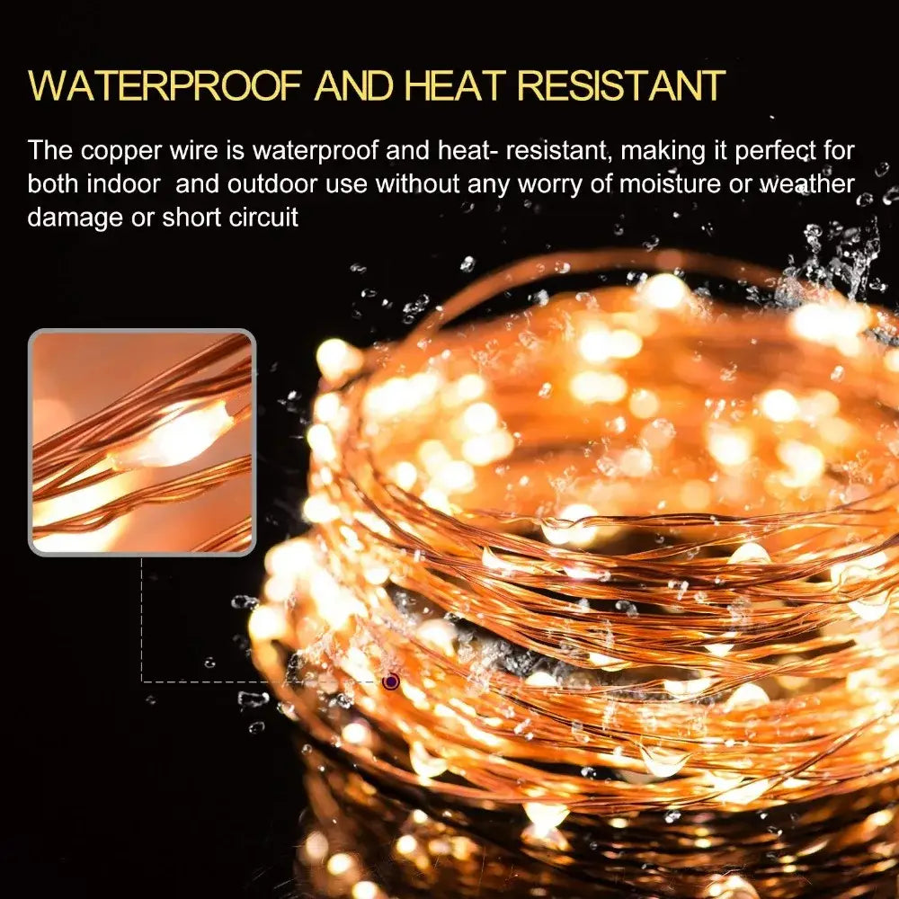 Warm white copper wire led string lights with waterproof and heat-resistant bulbs for indoor and outdoor use