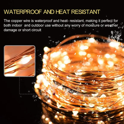 Warm white copper wire led string lights with waterproof and heat-resistant bulbs for indoor and outdoor use