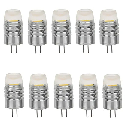 Twelve silver-coated Decorbites G4 LED bulbs with clear glass and dual-pin bases for warm white home lighting