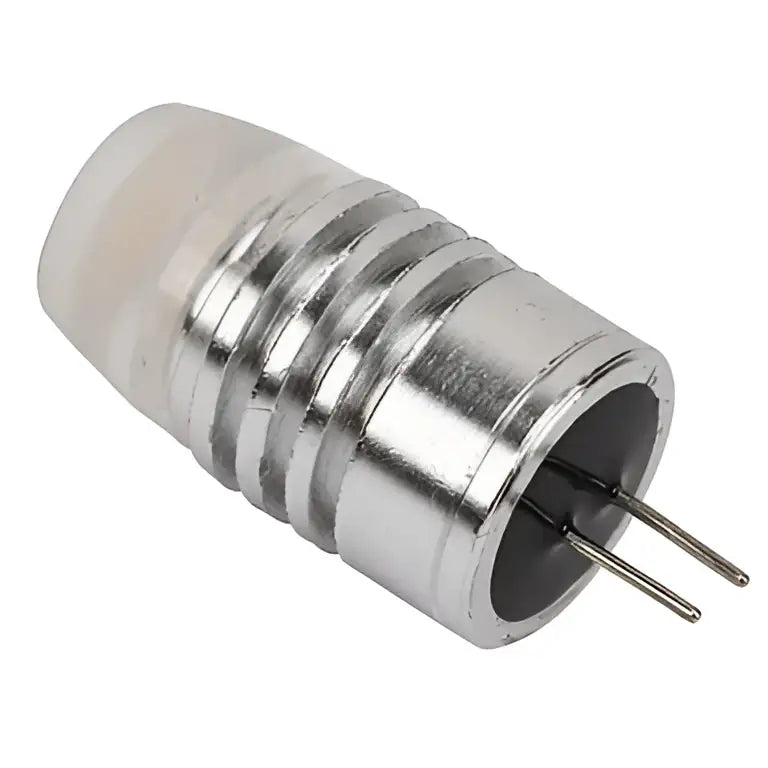 Silver decorbites g4 led bulb with translucent white cap and ridged metallic base for warm white home lighting