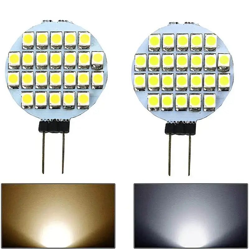 Two decorbites g4 led 12v 3w bulbs with 24 yellow leds each, metallic base, ideal for kitchen lighting