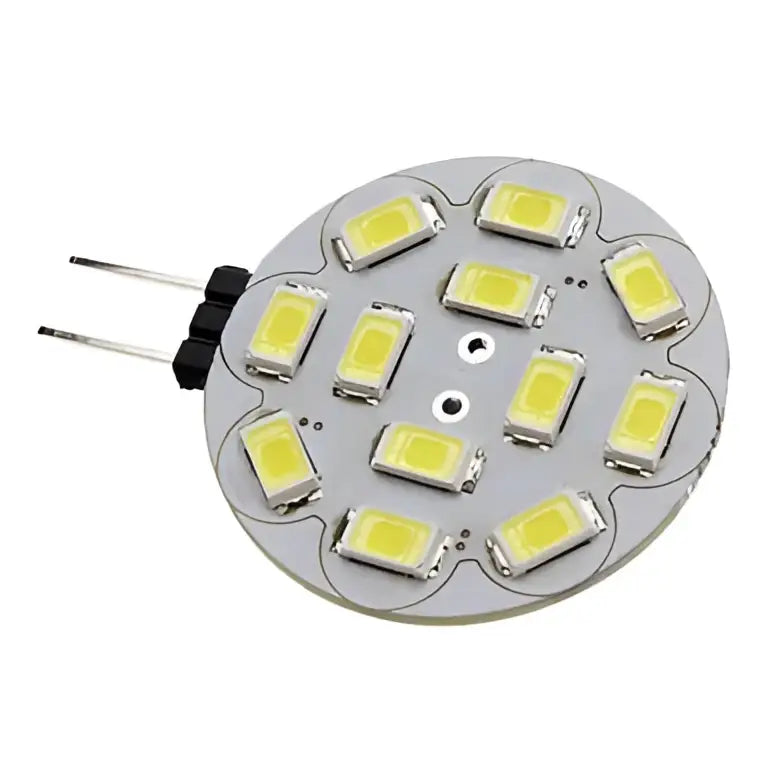 Circular led 3w bulb with silver metallic base and yellowish smd5730 diodes for warm white decorbites g4 led pack