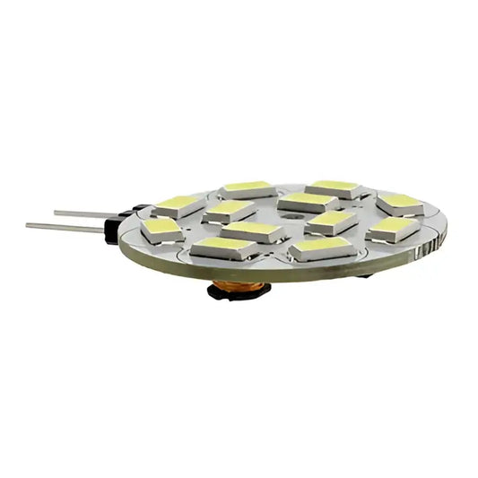 Circular decorbites g4 led bulb with warm white smd5730 chips and metallic contacts in black base for kitchen use