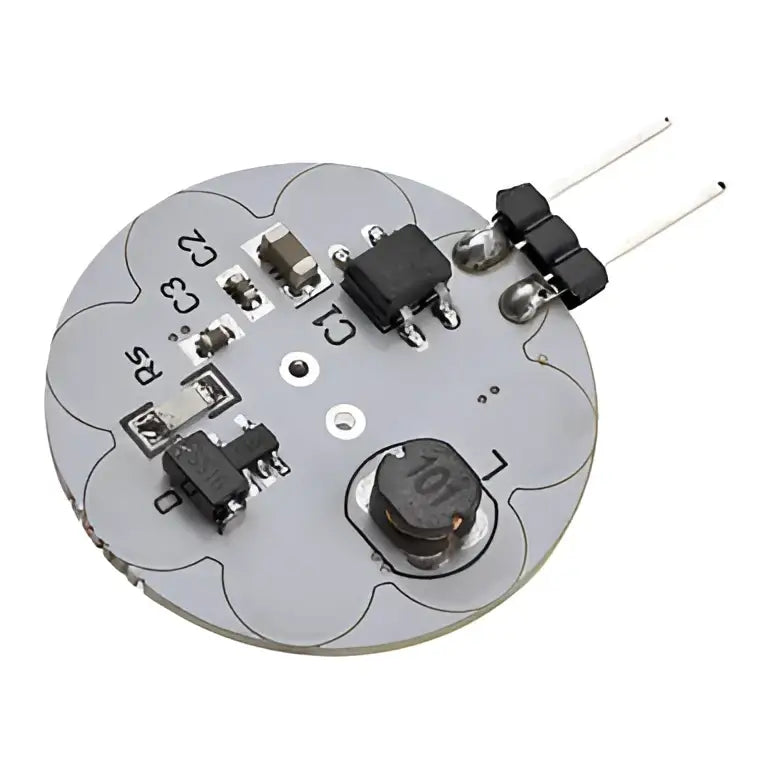 Silver circular circuit board with black components and labeled solder points on decorbites g4 led bulb 12*smd5730 back side