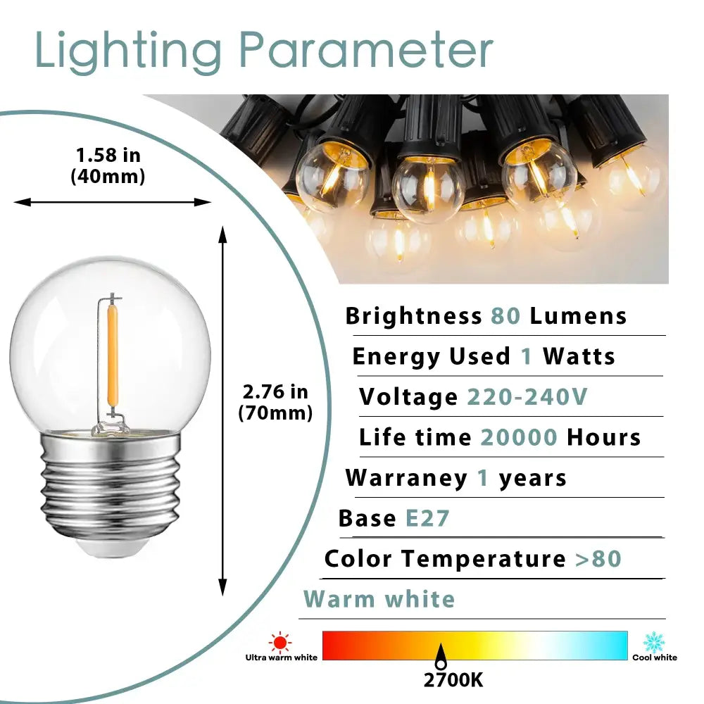 Warm white decorbites g40 e27 1w led globe bulb with clear glass and silver metal base for outdoor patio lighting